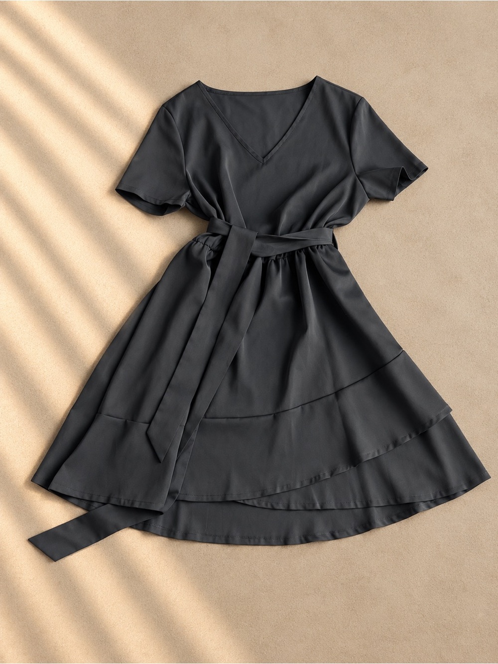 V-Neck Tiered Wrap Dress in Charcoal